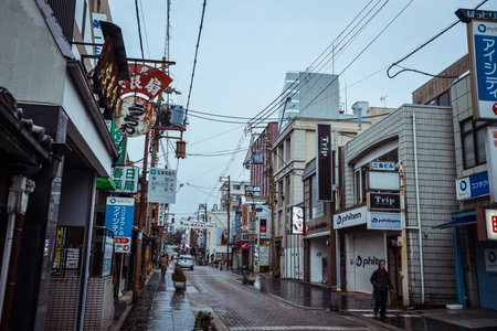 Nara, Japan - January 09, 2020: Rainy and Cloudy Cityscape View to the Nara City Streets and Buildingsのeditorial素材