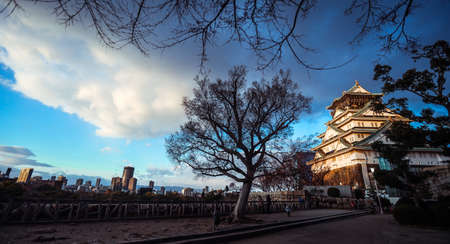 View to the Sunset Castle under Blue Sky and Trees, Japanのeditorial素材