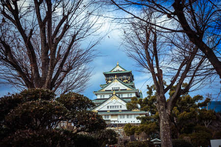 View to the Sunset Castle under Blue Sky and Trees, Japanのeditorial素材