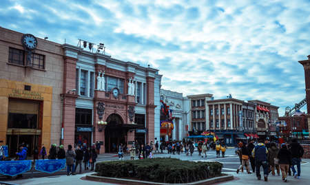 Osaka, Japan - January  07, 2020: Bright and Interesting Street with Shops and Restaurants in the Universal Studio Japanのeditorial素材