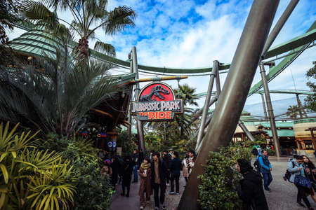 Osaka, Japan - January 11, 2020: Amazing View to the Jurassic Park Roller Coaster Ride in the...
