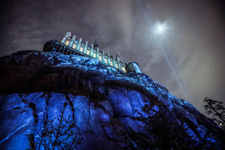 Osaka, Japan - January 07, 2020: Night Illumination of the Wizard Castle in the Universal Studio Japan Parkのeditorial素材