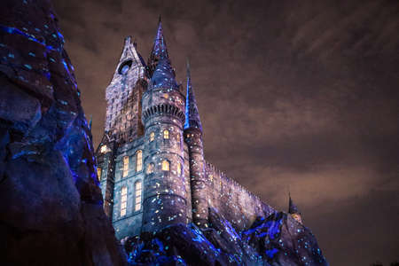 Osaka, Japan - January 07, 2020: Night Illumination of the Wizard Castle in the Universal Studio Japan Parkのeditorial素材
