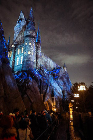 Osaka, Japan - January 07, 2020: Night Illumination of the Wizard Castle in the Universal Studio Japan Parkのeditorial素材