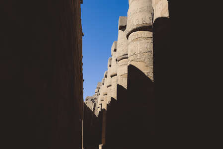 Luxor, Egypt - November 11, 2020: Ancient Massive Columns of Karnak Temple Complex in the Great...