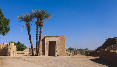 Ancient Egyptian Ruins of the Karnak Temple Complex with the Palm Trees in background near Luxorの写真素材