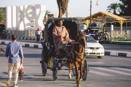 Luxor, Egypt - November 12, 2020: Egyptian Horse Cart in the Luxor City Center with tourists...