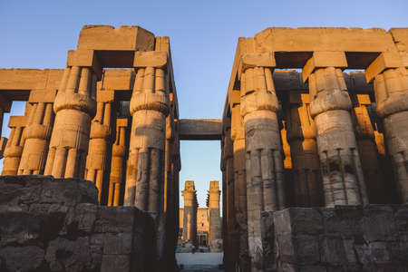 Sunset View to an Illuminated in Yellow Grand colonnade of large Ancient Egyptian temple in Luxor, Egyptの写真素材