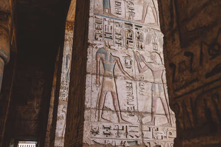 Ancient Egyptian Drawings of the Medinet Habu Mortuary Temple of Ramesses III near Luxor, Egyptの写真素材