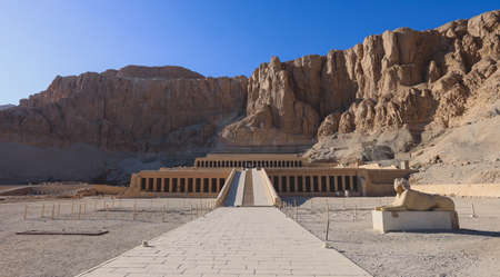 Main Entrance View to an Ancient Temple of Hatshepsut at Deir el-Bahari near Luxor, Egypt