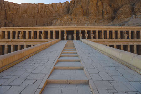 Main Entrance View to an Ancient Temple of Hatshepsut at Deir el-Bahari near Luxor, Egyptの写真素材