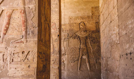 Ancient Egyptian Drawing on the Walls of the temple of Seti I also known as the Great Temple of...