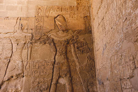 Ancient Egyptian Drawing on the Walls of the temple of Seti I also known as the Great Temple of Abydos in Kharga, Egyptの写真素材