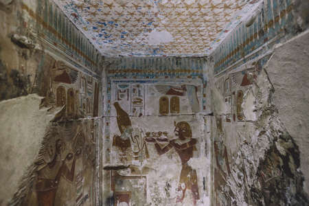 Ancient Egyptian Drawing on the Walls of the temple of Seti I also known as the Great Temple of...