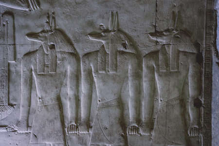 Ancient Egyptian Drawing on the Walls of the temple of Seti I also known as the Great Temple of...