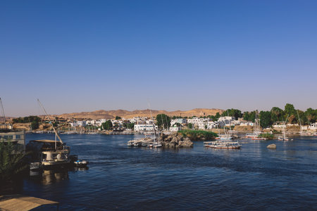 Aswan, Egypt - November 15, 2020: View to the Nile River Panoramic View with Ships and Boats from...