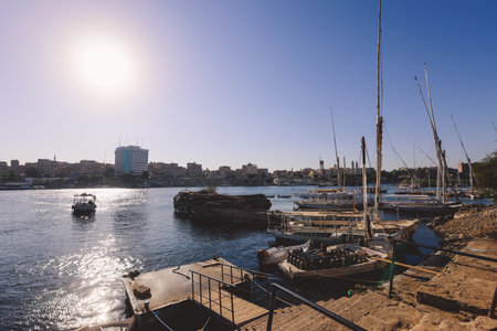 Aswan, Egypt - November 15, 2020: View to the Nile River Panoramic View with Ships and Boats from the Aswan Riversideのeditorial素材