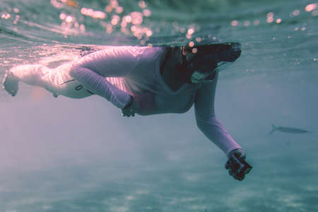 White Woman Tourist diving Red Sea underwater with the  Wild Sea Turtles near Marsa Alam, Egyptの写真素材