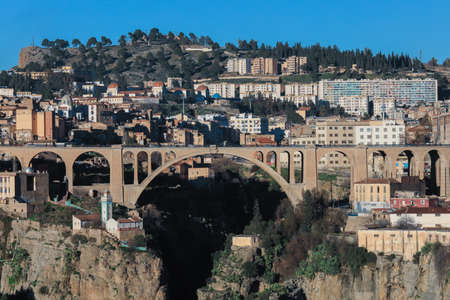 Aerial View to the Sidi Rached Viaduct, that crosses Rhummel gorges and connects to Constantine city center, Algeriaの写真素材