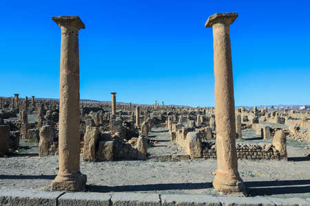 View to the Ruins of an Ancient Roman city Timgad also known as Marciana Traiana Thamugadi in the...