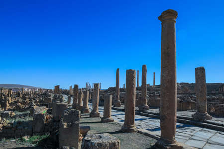 View to the Ruins of an Ancient Roman city Timgad also known as Marciana Traiana Thamugadi in the...