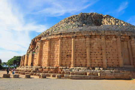 Aerial View to the Ruins of the Royal Mausoleum of Mauretania, funerary  Numidian monument in Tipaza Province, Algeriaのeditorial素材