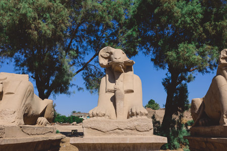Ancient Ram Headed Sphinx statues at Karnak Temple Complex near Luxor, Egyptのeditorial素材