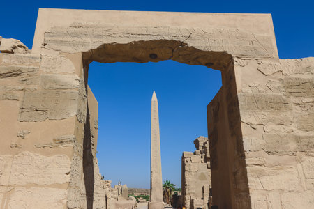 View to the Ancient Egyptian Ruins of Obelisk of Thutmosis I in Karnak Temple Complex near Luxor, Egyptのeditorial素材