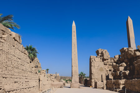 View to the Ancient Egyptian Ruins of Obelisk of Thutmosis I in Karnak Temple Complex near Luxor, Egyptのeditorial素材