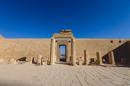 Interior View to an Ancient Columns and Walls of the Mortuary Temple of Hatshepsut near Luxor, Egyptのeditorial素材