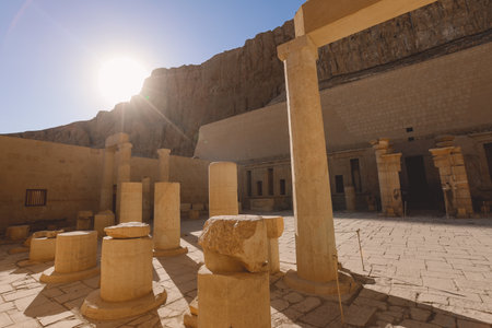 Interior View to an Ancient Columns and Walls of the Mortuary Temple of Hatshepsut near Luxor, Egyptのeditorial素材