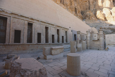 Interior View to an Ancient Columns and Walls of the Mortuary Temple of Hatshepsut near Luxor, Egyptのeditorial素材