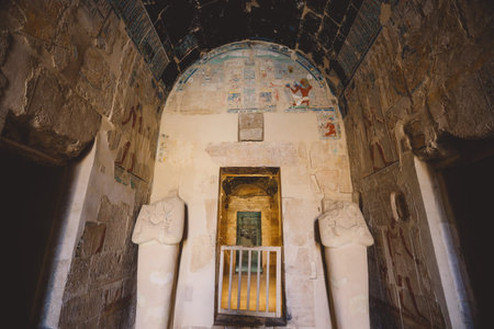 Interior View to an Ancient Columns and Walls of the Mortuary Temple of Hatshepsut near Luxor, Egyptのeditorial素材
