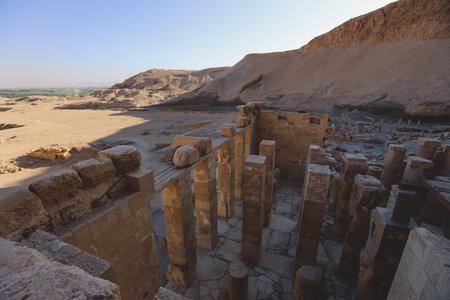 Interior View to an Ancient Columns and Walls of the Mortuary Temple of Hatshepsut near Luxor, Egyptのeditorial素材