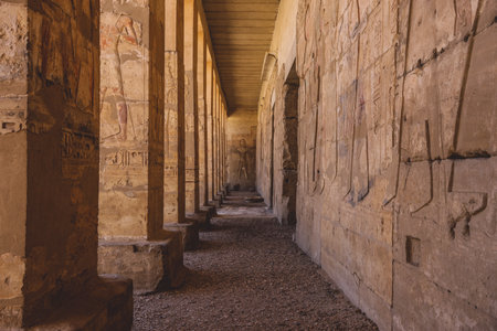 Ancient Egyptian Pillars in the temple of Seti I also known as the Great Temple of Abydos in Kharga, Egyptのeditorial素材