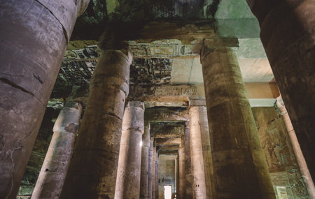 Ancient Egyptian Pillars in the temple of Seti I also known as the Great Temple of Abydos in Kharga, Egyptのeditorial素材