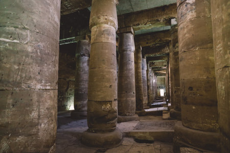 Ancient Egyptian Pillars in the temple of Seti I also known as the Great Temple of Abydos in Kharga, Egyptのeditorial素材