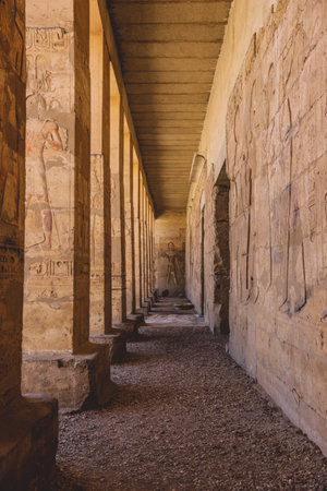 Ancient Egyptian Pillars in the temple of Seti I also known as the Great Temple of Abydos in Kharga, Egyptのeditorial素材