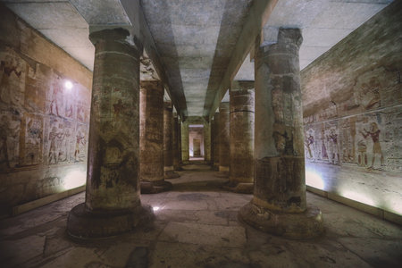 Inside View of the temple of Seti I, which is also known as the Great Temple of Abydos, in Kharga, Egyptのeditorial素材
