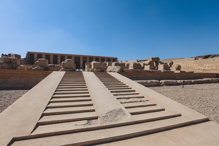 Outdoor View to an Ancient Egyptian temple of Seti I also known as the Great Temple of Abydos in Kharga, Egyptのeditorial素材