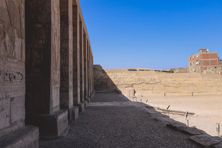 Outdoor View to an Ancient Egyptian temple of Seti I also known as the Great Temple of Abydos in Kharga, Egyptのeditorial素材