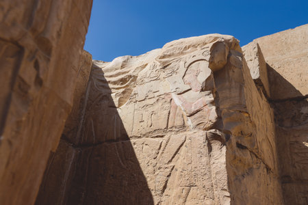 Outdoor View to an Ancient Egyptian temple of Seti I also known as the Great Temple of Abydos in...