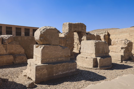 Outdoor View to an Ancient Egyptian temple of Seti I also known as the Great Temple of Abydos in Kharga, Egyptのeditorial素材