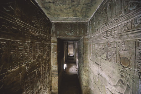 View to an Ancient Egyptian Drawing on the Walls of the Dendera Temple complex in south-east of Dendera, Egyptのeditorial素材