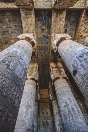 View to an Ancient Egyptian Painted Pillars of the Dendera Temple complex in south-east of Dendera, Egyptのeditorial素材