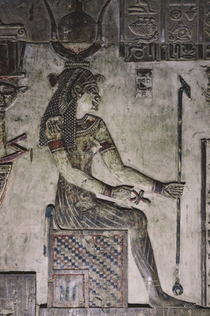 View to an Ancient Egyptian Drawing on the Walls of the Dendera Temple complex in south-east of Dendera, Egyptのeditorial素材