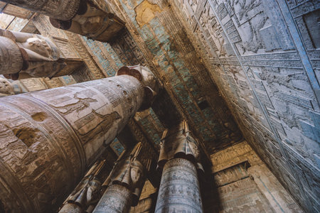 View to an Ancient Egyptian Painted Pillars of the Dendera Temple complex in south-east of Dendera, Egyptのeditorial素材