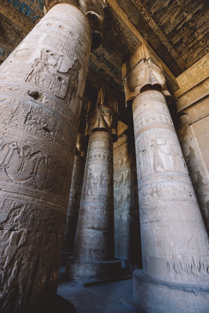 View to an Ancient Egyptian Painted Pillars of the Dendera Temple complex in south-east of Dendera, Egyptのeditorial素材