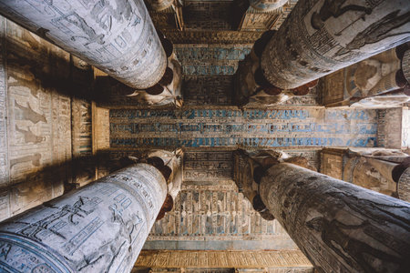 View to an Ancient Egyptian Painted Pillars of the Dendera Temple complex in south-east of Dendera, Egyptのeditorial素材