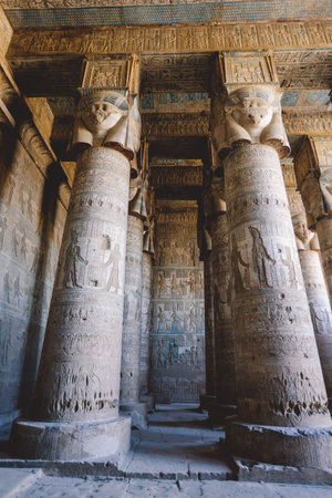 View to an Ancient Egyptian Painted Pillars of the Dendera Temple complex in south-east of Dendera, Egyptのeditorial素材
